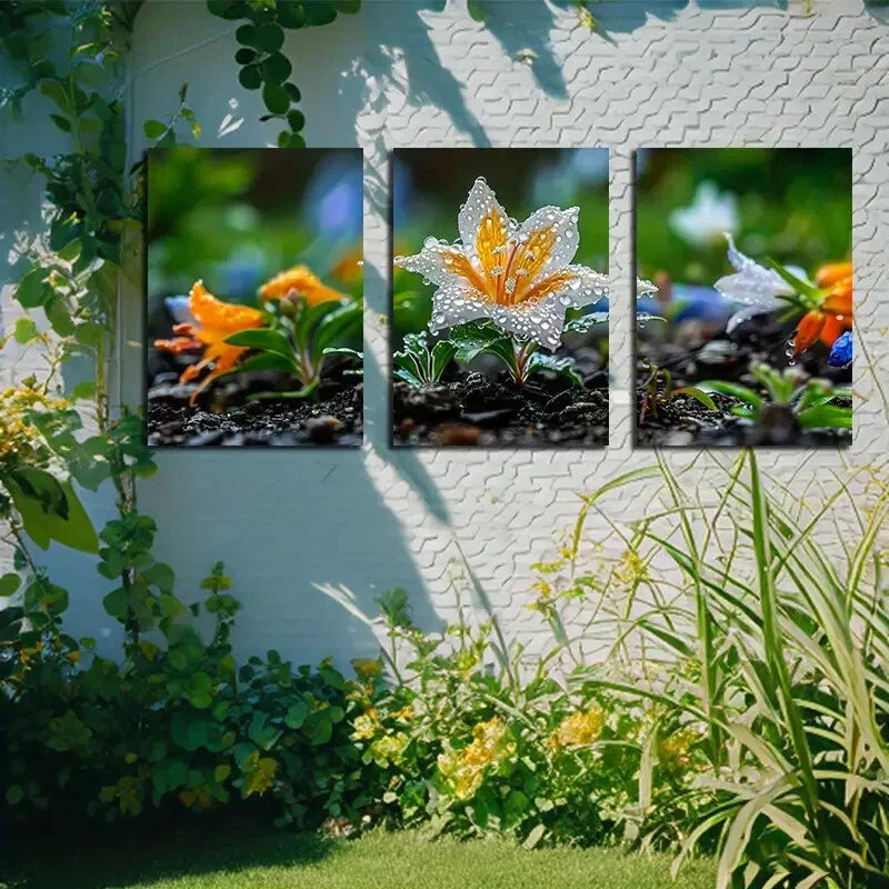3pcs Vibrant Flowers Blooming with Water Drops Metal Print Ready to Hang Art - Bella Home Decor