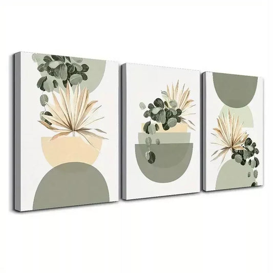 3pcs Modern Abstract Boho-Chic Sage Green Plant Wall Art Set Canvas Framed 50x70cm - High Quality Print 100% Australian Made Wall Canvas Ready to Hang