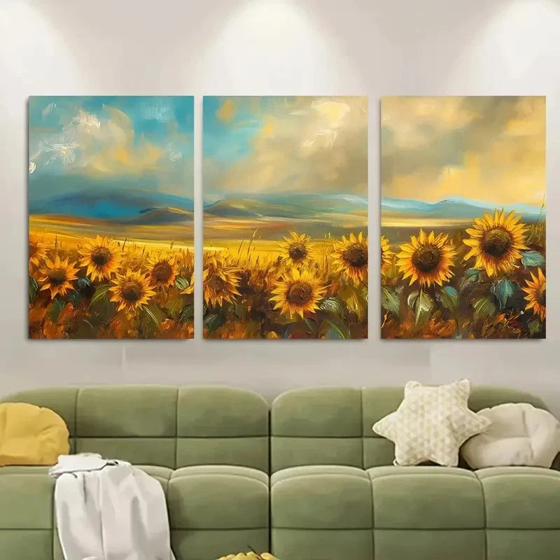 3pcs Sunflower Field with Autumn Backdrop Metal Print Ready to Hang Art