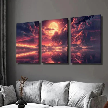 3pcs Dreamy Red Moon Sky Scenery Wall  Art Set Canvas Unframed - High Quality Print 100% Australian Made Wall Canvas - Bella Home Decor