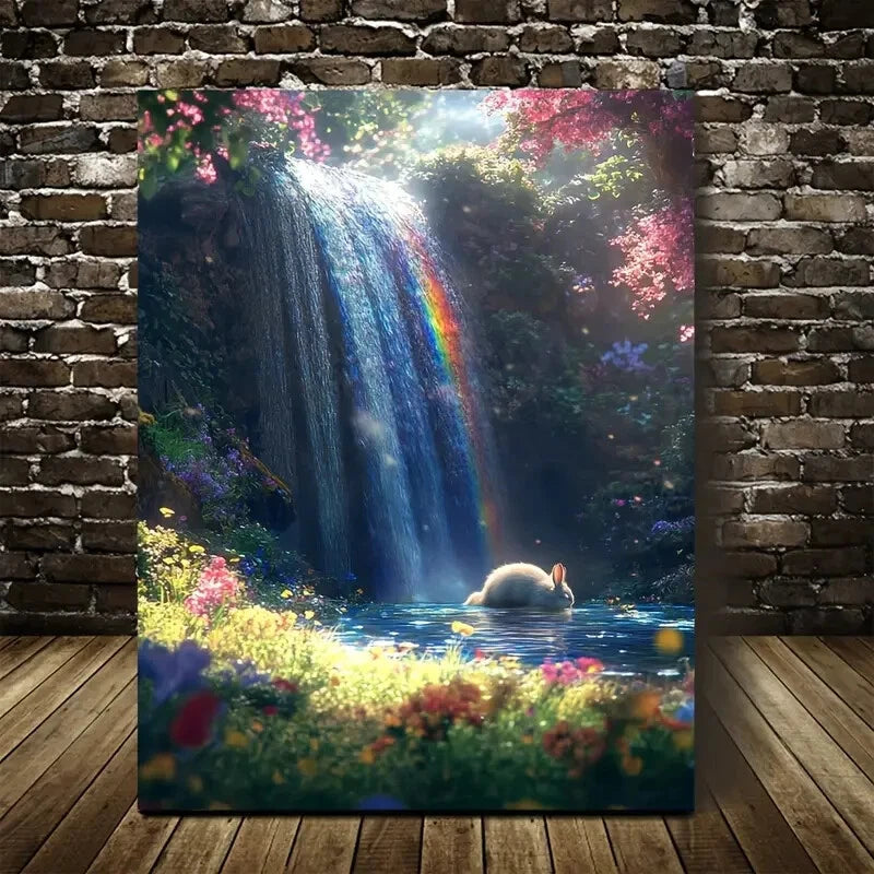 Enchanting Waterfall & Rainbow Scene with Rabbit 40x60cm Metal Print Ready to Hang - Bella Home Decor