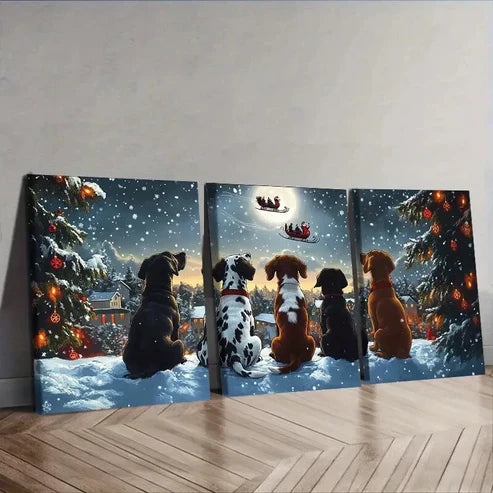 3pcs Festive Dogs Watching Santa Claus Wall Art Canvas Unframed - High Quality Print 100% Australian Made Wall Canvas