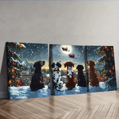 3pcs Festive Dogs Watching Santa Claus Wall Art Canvas Unframed - High Quality Print 100% Australian Made Wall Canvas