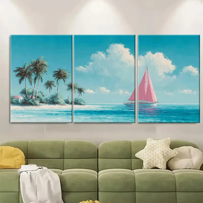 3pcs Vintage Pink Boat Seascape Painting, Metal Print Ready to Hang Art