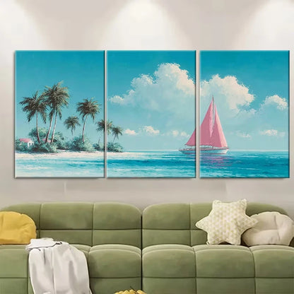 3pcs Vintage Pink Boat Seascape Painting, Metal Print Ready to Hang Art