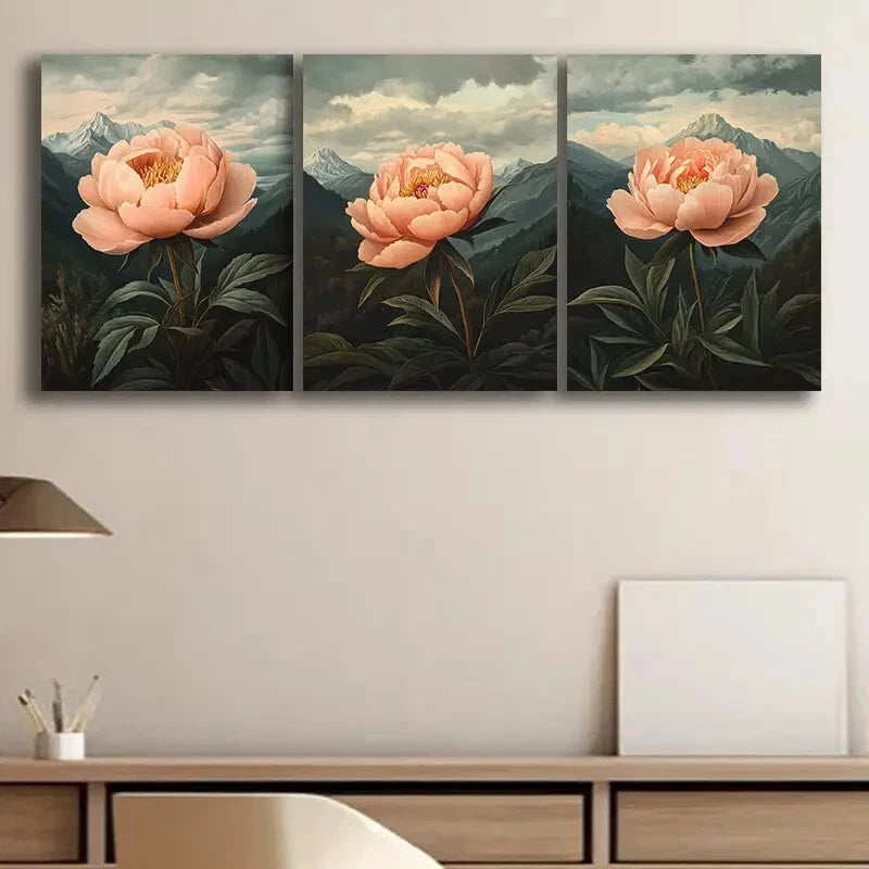 3pcs Elegant Peony Rose Themed Floral Metal Print Ready to Hang Art - Bella Home Decor