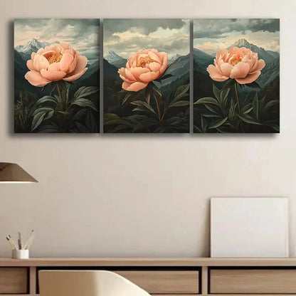 3pcs Elegant Peony Rose Themed Floral Metal Print Ready to Hang Art - Bella Home Decor
