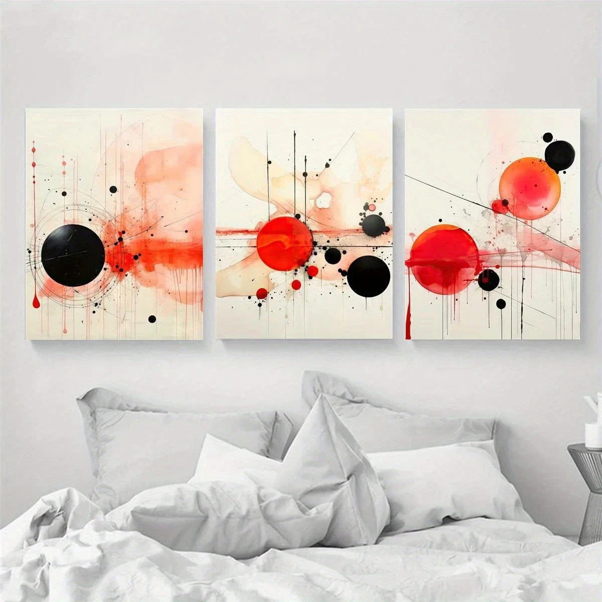 3pcs Geometric Abstract Black & Red Circles Metal Print Ready to Hang Art - Bella Home Decor