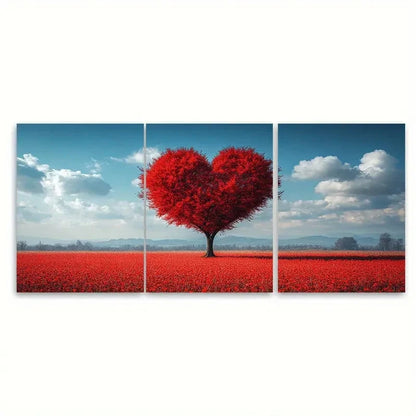 3pcs Romantic Heart Shaped Tree Red Meadow Scene Wall Art Set Canvas Framed 50x70cm - High Quality Print 100% Australian Made Wall Canvas Ready to Hang - Bella Home Decor