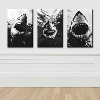 3pcs Great White Shark Illustration Wall Art Set Canvas Framed 50x70cm - High Quality Print 100% Australian Made Wall Canvas Ready to Hang
