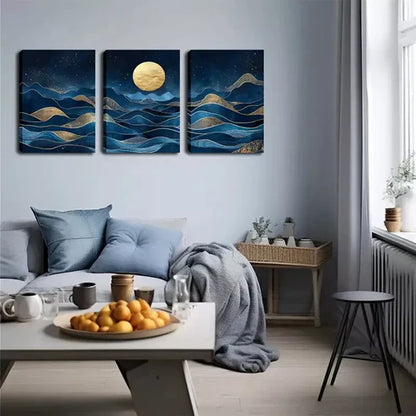3pcs Blue Abstract Mountain And Moon Wall Art Canvas Unframed - High Quality Print 100% Australian Made Wall Canvas - Bella Home Decor
