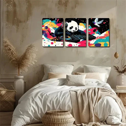 3pcs wearing headphones music genius Panda Wall Art Set Canvas Unframed - High Quality Print 100% Australian Made Wall Canvas