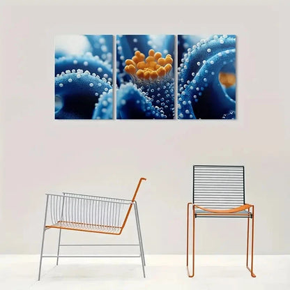 3pcs Abstract Blue Flower Golden Metal Print Ready to Hang Art - Bella Home Decor