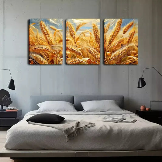 3pcs Yellow Wheat Fields Wall Art Set Canvas Framed 40x60cm - High Quality Print 100% Australian Made Wall Canvas Ready to Hang