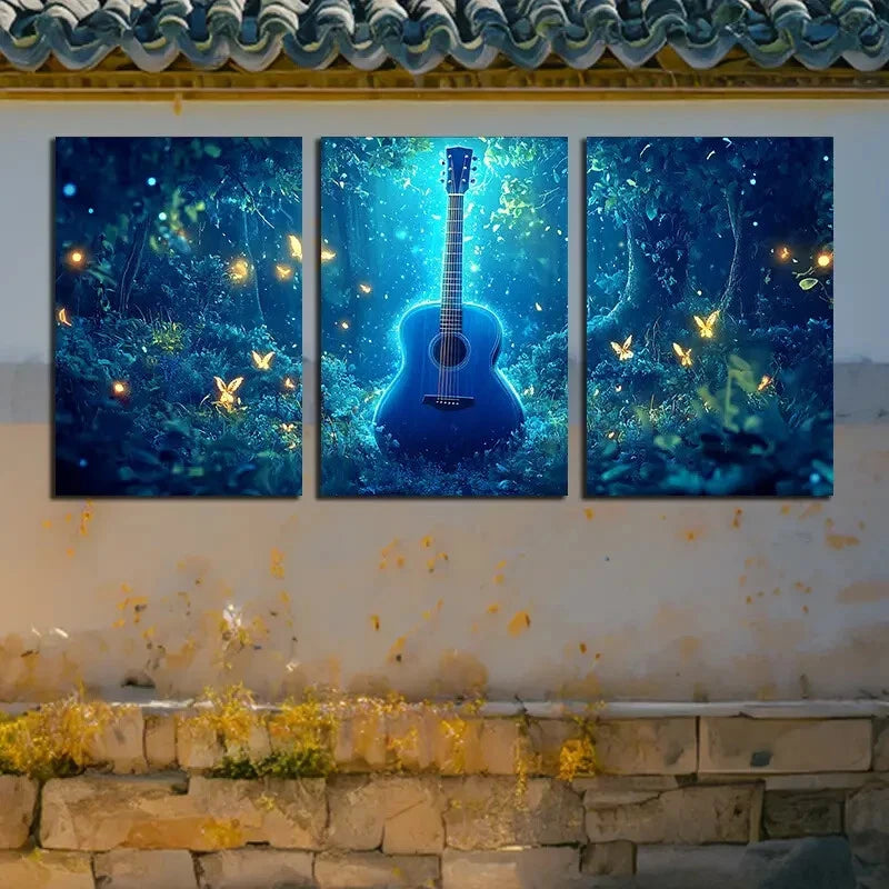 3pcs Guitar in the Forest with Fireflies Design Metal Print Ready to Hang Art - Bella Home Decor