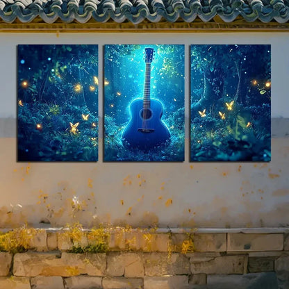 3pcs Guitar in the Forest with Fireflies Design Metal Print Ready to Hang Art - Bella Home Decor