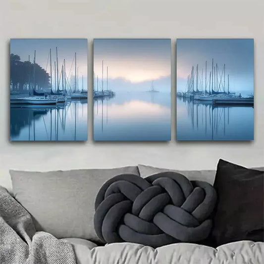 3pcs Serene Sailing Boats in Misty Morning Art Set Canvas Framed 50x70cm - High Quality Print 100% Australian Made Wall Canvas Ready to Hang