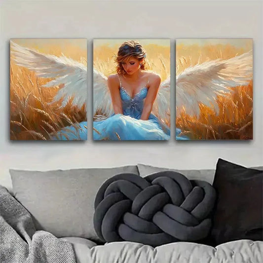 3 PCS Ethereal Angel In Wheat Field Triptych Wall Art Set Canvas Unframed - High Quality Print 100% Australian Made Wall Canvas