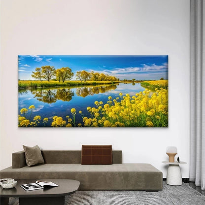 Yellow Tulips in River Wall Art Canvas Office Home Room Framed 120x60cm