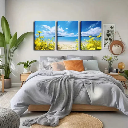 3pcs Yellow Flowers On The Beach Wall Art Set Wall Art Canvas Unframed - High Quality Print 100% Australian Made Wall Canvas