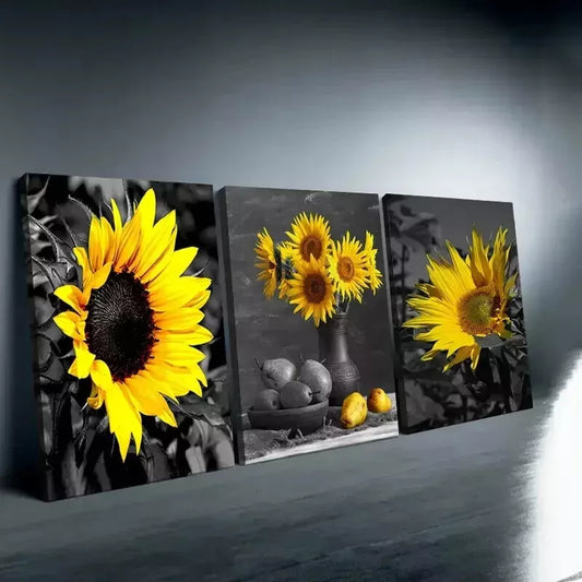 3pcs Sunflower Wall Black and White Poster Wall Art Set Canvas Framed 50x70cm - High Quality Print 100% Australian Made Wall Canvas Ready to Hang