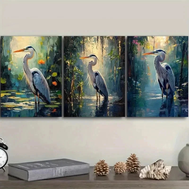 3pcs Crane and Lotus Flower Design Wall Art Set Canvas Framed 40x60cm - High Quality Print 100% Australian Made Wall Canvas Ready to Hang