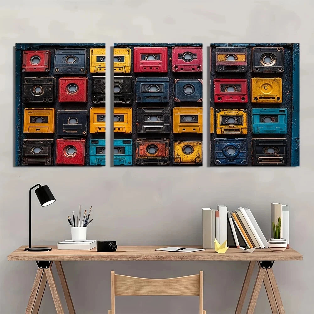3pcs Cassette Tape Collage Retro Metal Print Ready to Hang Art - Bella Home Decor