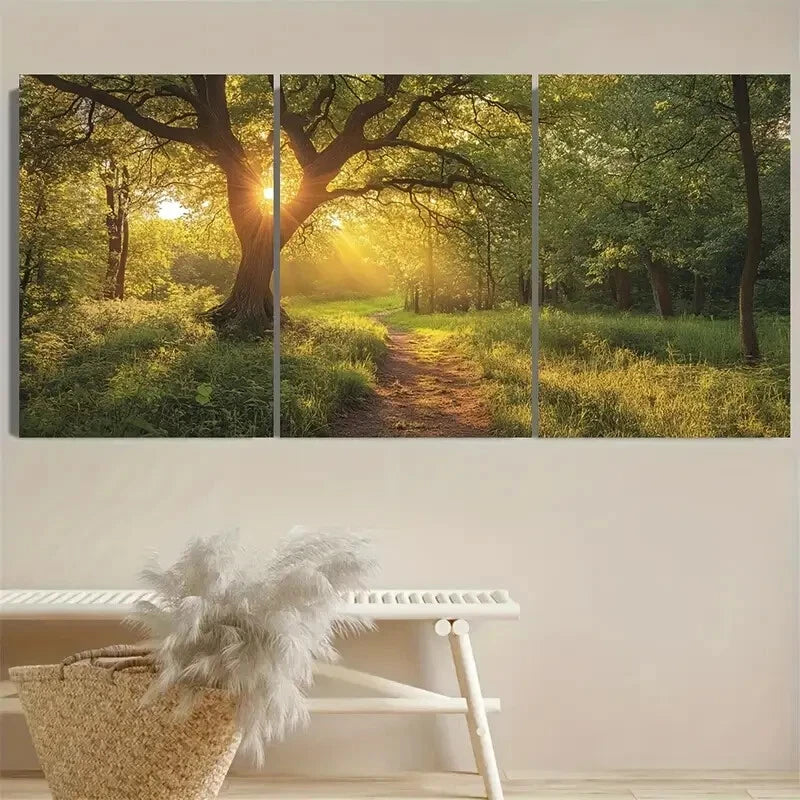 3pcs Vibrant Oak Forest Path Sunlit Rustic land Metal Print Ready to Hang Art - Bella Home Decor