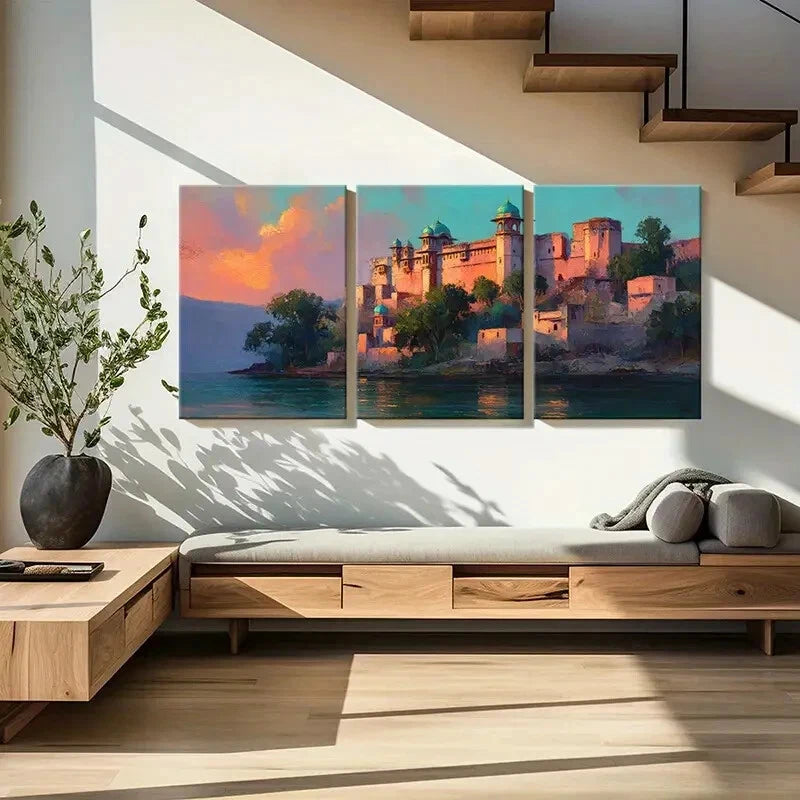 3pcs Castle Landscape Sunset Glow Architectural Metal Print Ready to Hang Art - Bella Home Decor