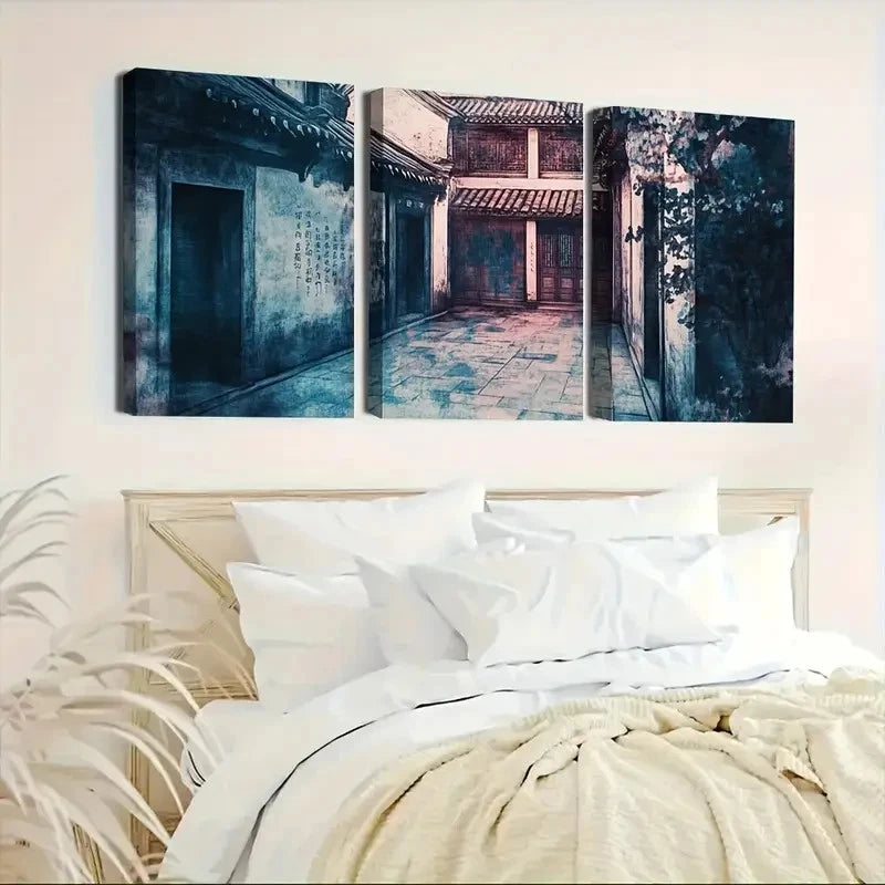 3pcs Courtyard Under the Northern Lights CUNL  Wall Art Set Canvas Framed 50x70cm - High Quality Print 100% Australian Made Wall Canvas Ready to Hang - Bella Home Decor