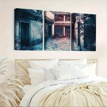 3pcs Courtyard Under the Northern Lights CUNL  Wall Art Set Canvas Framed 50x70cm - High Quality Print 100% Australian Made Wall Canvas Ready to Hang - Bella Home Decor