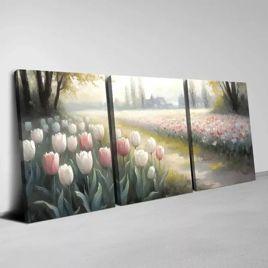3pcs Rare Tulips Field with Building Painting Wall Art Set Canvas Framed 50x70cm - High Quality Print 100% Australian Made Wall Canvas Ready to Hang