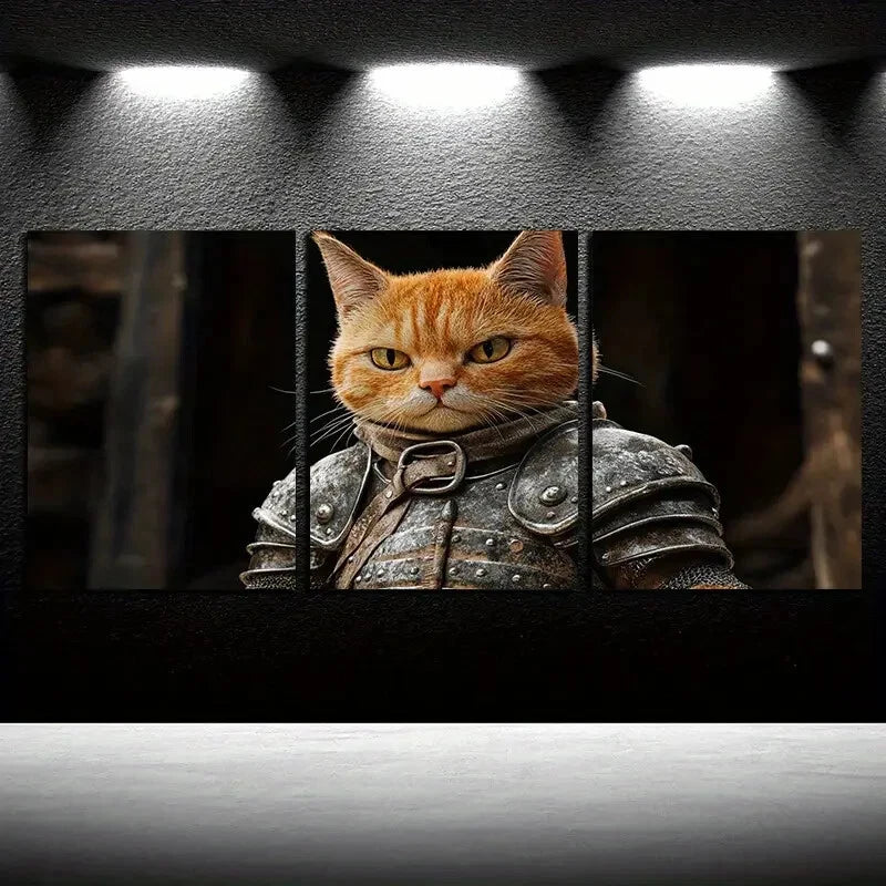 3pcs Cat in Armor Warrior Portrait Metal Print Ready to Hang Art - Bella Home Decor