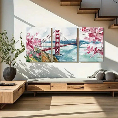 3pcs Golden Gate Bridge Cherry Blossoms Poster Metal Print Ready to Hang Art - Bella Home Decor