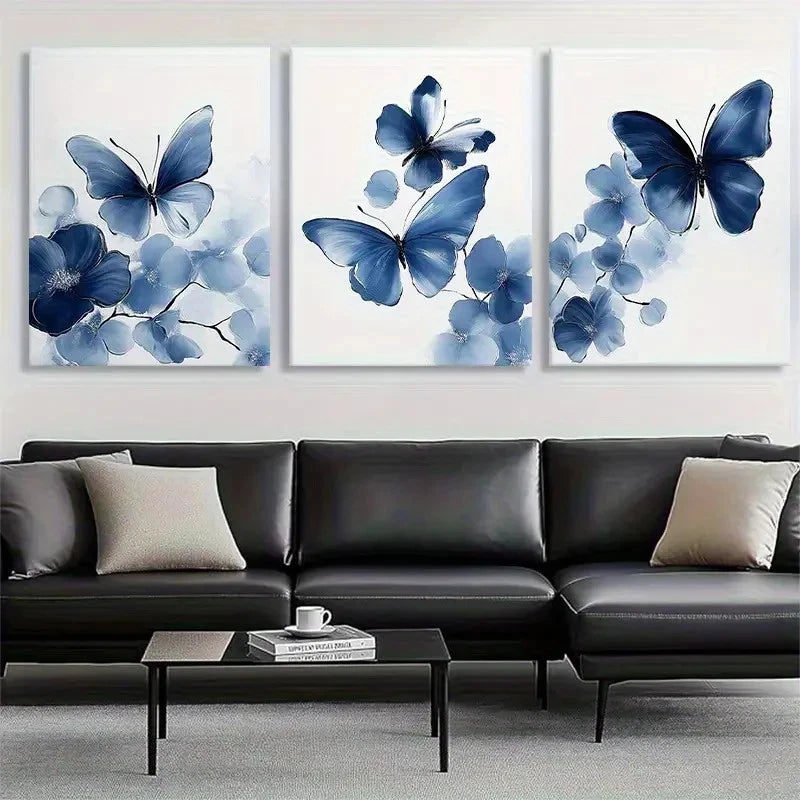 3pcs Blue Butterfly and Floral Watercolor Metal Print Ready to Hang Art - Bella Home Decor