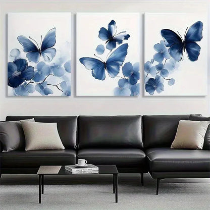 3pcs Blue Butterfly and Floral Watercolor Metal Print Ready to Hang Art - Bella Home Decor