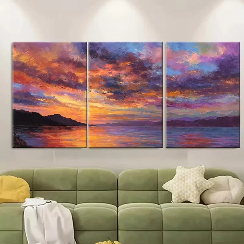 3pcs Sunset & Sunrise Landscape Oil Paintings Metal Print Ready to Hang Art