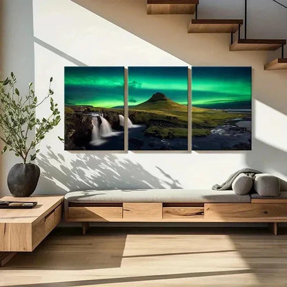 3pcs Nordic Aurora with Waterfall & Coastline Wall Art Set Canvas Unframed - High Quality Print 100% Australian Made Wall Canvas