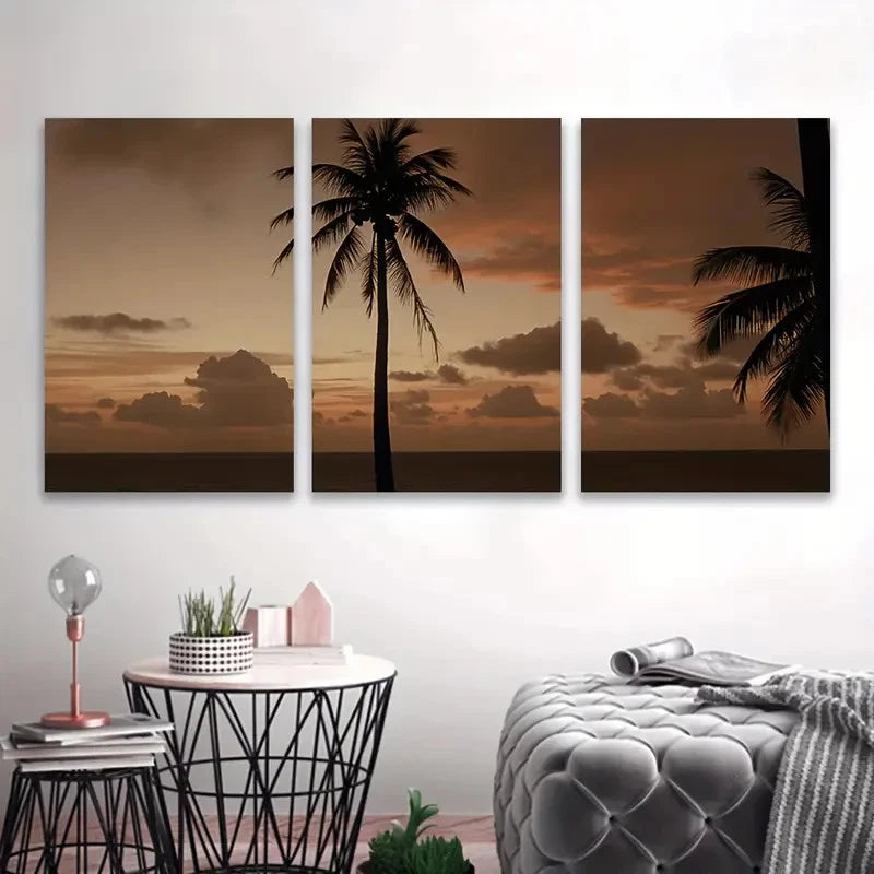 3pcs Tropical Palm Sunset Scene Wall Art Set Canvas Framed 40x60cm - High Quality Print 100% Australian Made Wall Canvas Ready to Hang