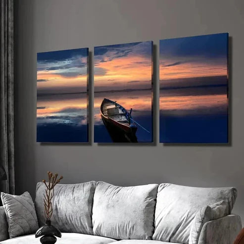 3pcs Boat on Middle of The Sea at Sunset  Wall Art Set Canvas Unframed - High Quality Print 100% Australian Made Wall Canvas - Bella Home Decor