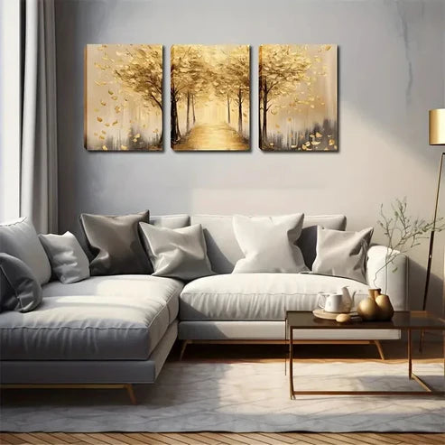 3pcs Earthy Yellow Color And Fallen Leaves  Wall Art Set Canvas Unframed - High Quality Print 100% Australian Made Wall Canvas - Bella Home Decor