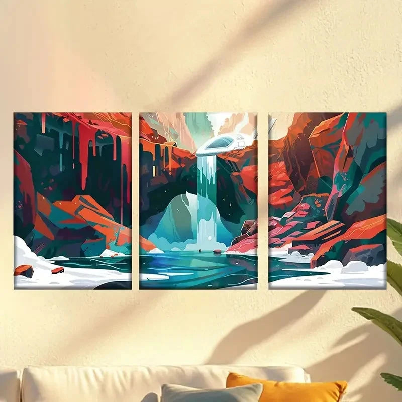 3pcs Abstract Waterfall Scene with Red Rocks Wall Art Set Canvas Framed 50x70cm - High Quality Print 100% Australian Made Wall Canvas Ready to Hang - Bella Home Decor