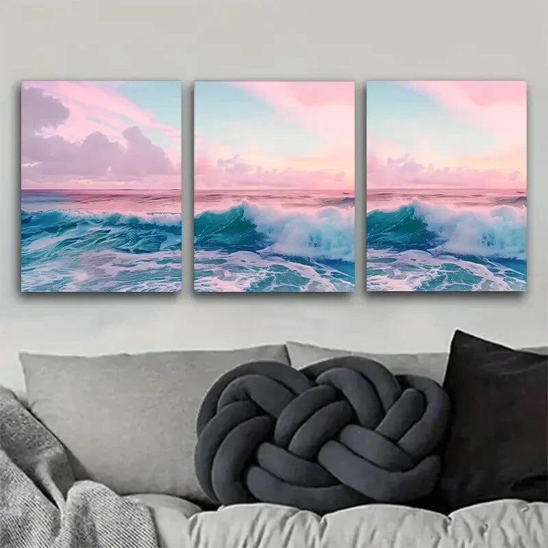3pcs Ocean Wave Pink Sky Sea Landscape Perfect Wall Art Set Canvas Framed 60x90cm - High Quality Print 100% Australian Made Wall Canvas Ready to Hang - Bella Home Decor