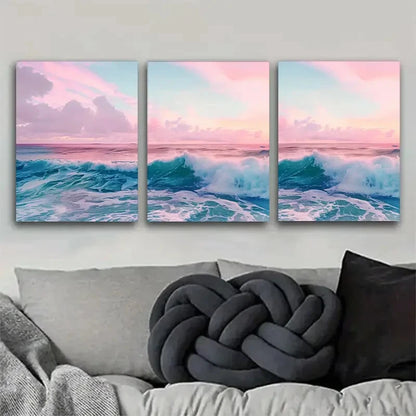 3pcs Ocean Wave Pink Sky Sea Landscape Perfect Wall Art Set Canvas Framed 60x90cm - High Quality Print 100% Australian Made Wall Canvas Ready to Hang - Bella Home Decor