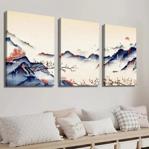3pcs Chinese Painting of Mountains and Red Plums Wall Art Set Canvas Unframed - High Quality Print 100% Australian Made Wall Canvas - Bella Home Decor