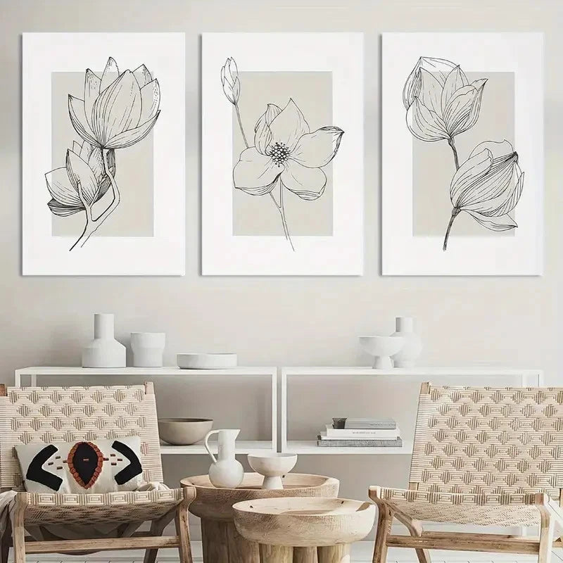 3pcs Beige Simple Floral Painting Wall Art Metal Print Ready to Hang Art - Bella Home Decor