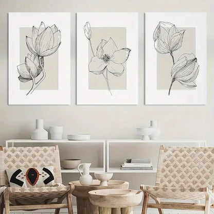 3pcs Beige Simple Floral Painting Wall Art Metal Print Ready to Hang Art - Bella Home Decor