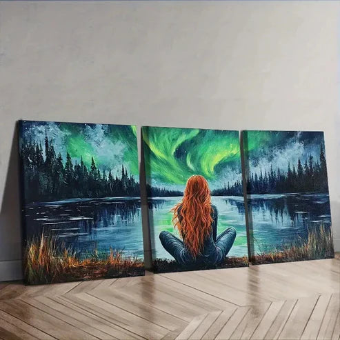 3pcs Stunning Northern Lights & Girl Silhouette Wall Art Canvas Unframed - High Quality Print 100% Australian Made Wall Canvas