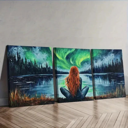 3pcs Stunning Northern Lights & Girl Silhouette Wall Art Canvas Unframed - High Quality Print 100% Australian Made Wall Canvas