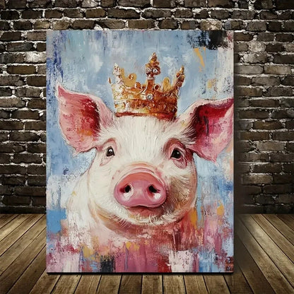 Crowned Pig Painting Vibrant Colors & Pine Painting 40x60cm Metal Print Ready to Hang - Bella Home Decor